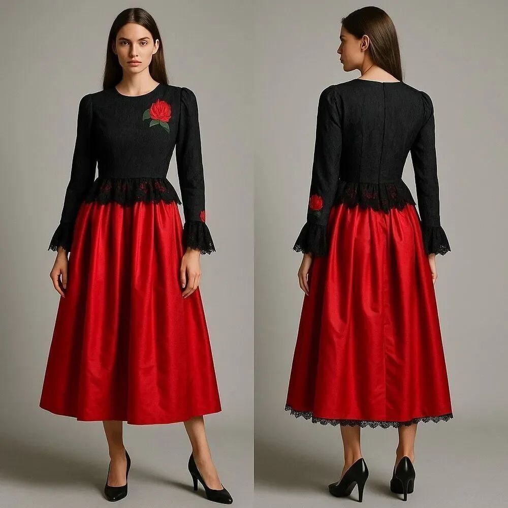 Vtg William Pearson Rose Lace Satin Midi Dress 80s Whimsygoth Lady Valentine